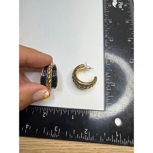 Monet Gold Tone Navy Blue Enamel Twisted Rope Hoop Earrings Post Back